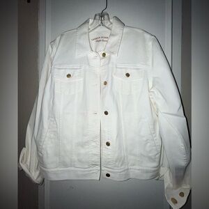 Garage sale price due to stains/spots.  Ralph Lauren white denim jacket size L